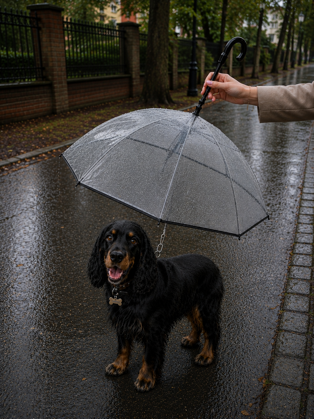 Rainy-Day Dome, Clear Dog Umbrella with Built-In Leash